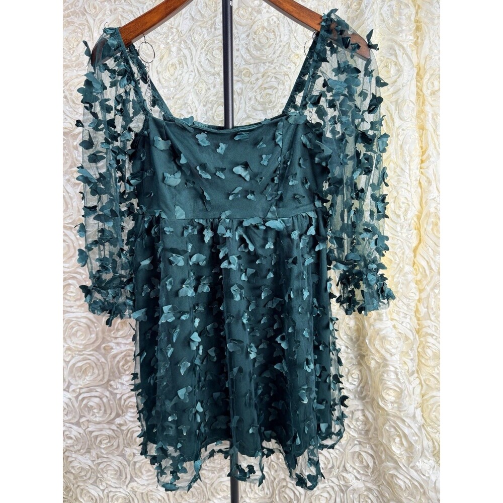 Thirty Thirty LA Emerald Green 3D Butterfly Tulle Babydoll Mini Dress Size Small